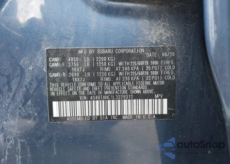 2020 Subaru Outback Limited z USA, uszkodzony, nr VIN 4S4BTANC1L3229312